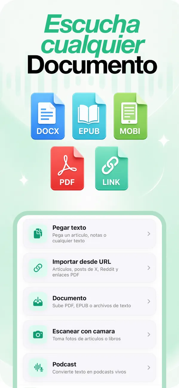 Menú de importación con opciones de PDF, EPUB, MOBI, DOCX, enlaces, pegar texto, escaneo con cámara y podcast