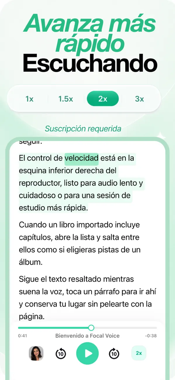 Selector de velocidad de reproducción con opciones de 1x, 1.5x, 2x y 3x
