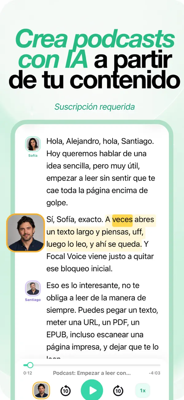 Modo podcast con IA generando una conversación de dos presentadores a partir del contenido importado