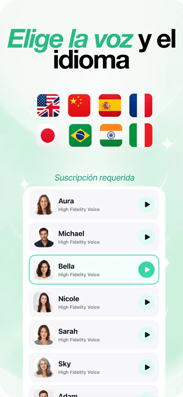 Selector de voces de alta fidelidad con 8 idiomas disponibles