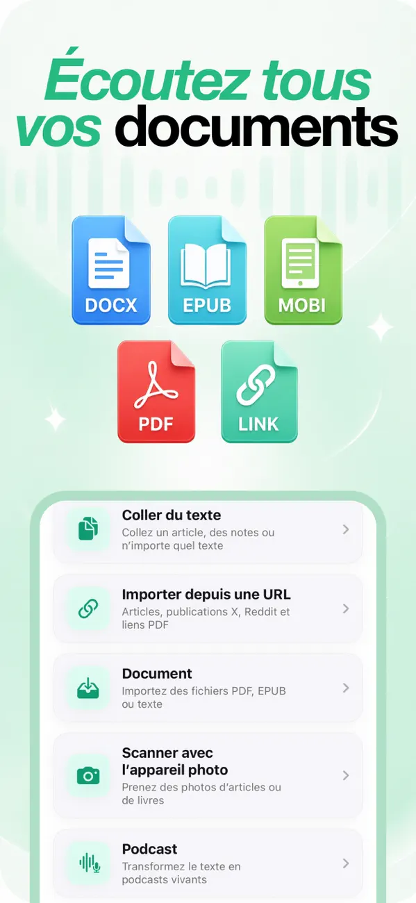 Menu d'importation avec PDF, EPUB, MOBI, DOCX, liens, texte collé, scan caméra et podcast