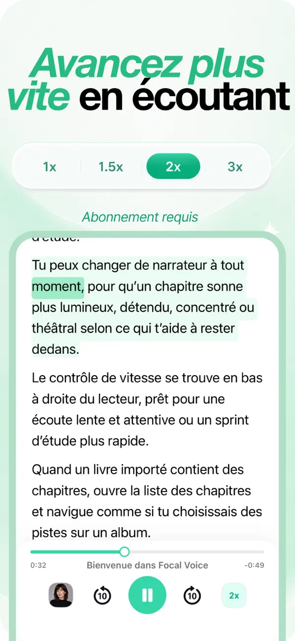 Sélecteur de vitesse de lecture avec les options 1x, 1.5x, 2x et 3x