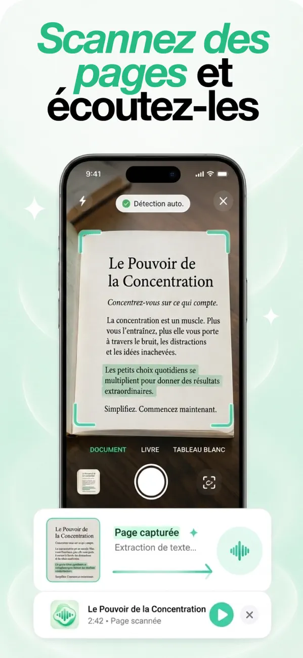 Caméra scannant une page de livre imprimée, extrayant le texte et le lisant à voix haute
