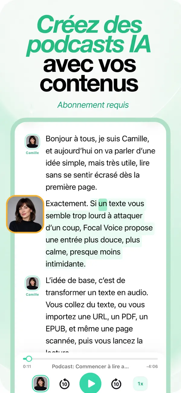 Mode podcast IA générant une conversation à deux voix à partir du contenu importé