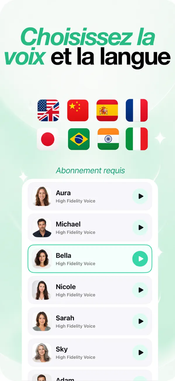 Sélecteur de voix haute fidélité avec 8 langues disponibles