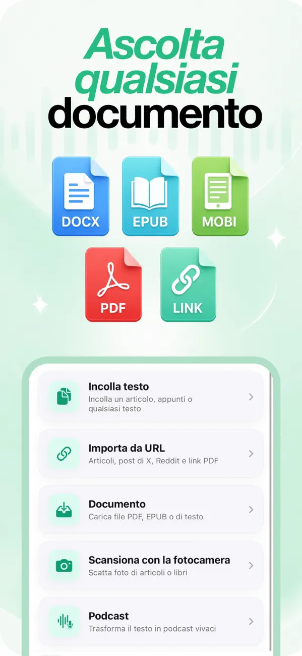 Menu di importazione con opzioni PDF, EPUB, MOBI, DOCX, link, testo incollato, scansione fotocamera e podcast