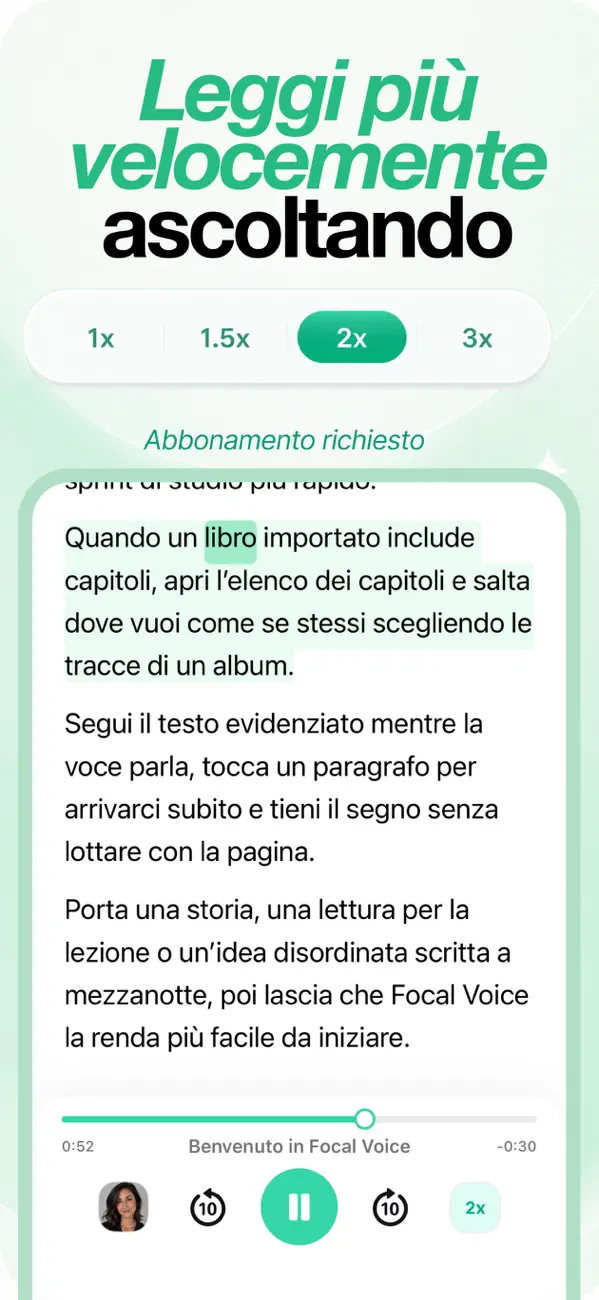 Selettore di velocità di riproduzione con opzioni 1x, 1.5x, 2x e 3x