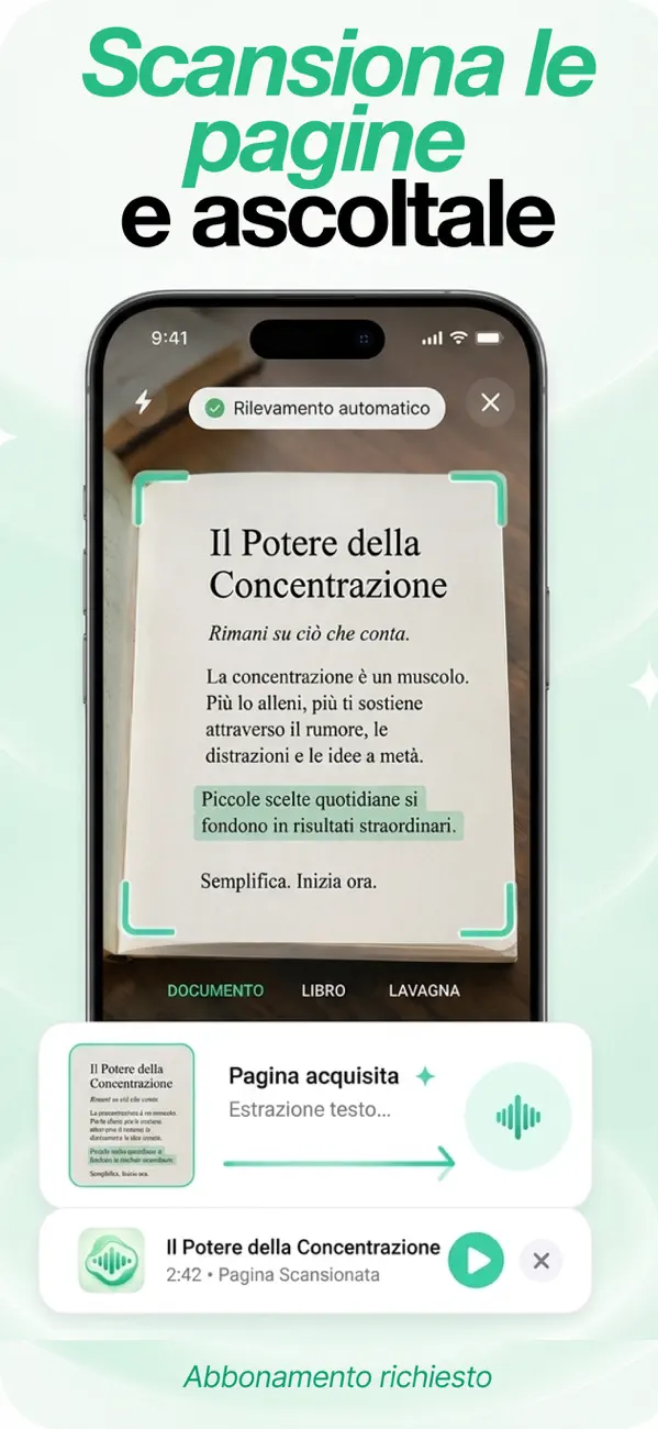 Fotocamera che scansiona una pagina stampata di un libro, estrae il testo e lo legge ad alta voce