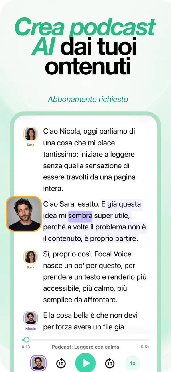 Modalità podcast IA che genera una conversazione a due conduttori dal contenuto importato