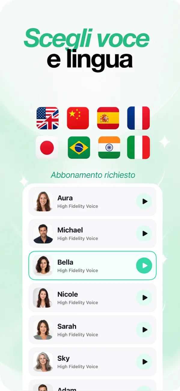 Selettore di voci ad alta fedeltà con 8 lingue disponibili