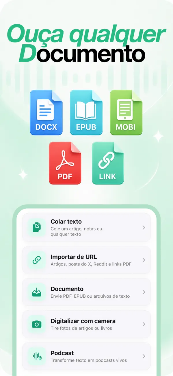 Menu de importação com opções de PDF, EPUB, MOBI, DOCX, links, colar texto, escaneio com câmera e podcast