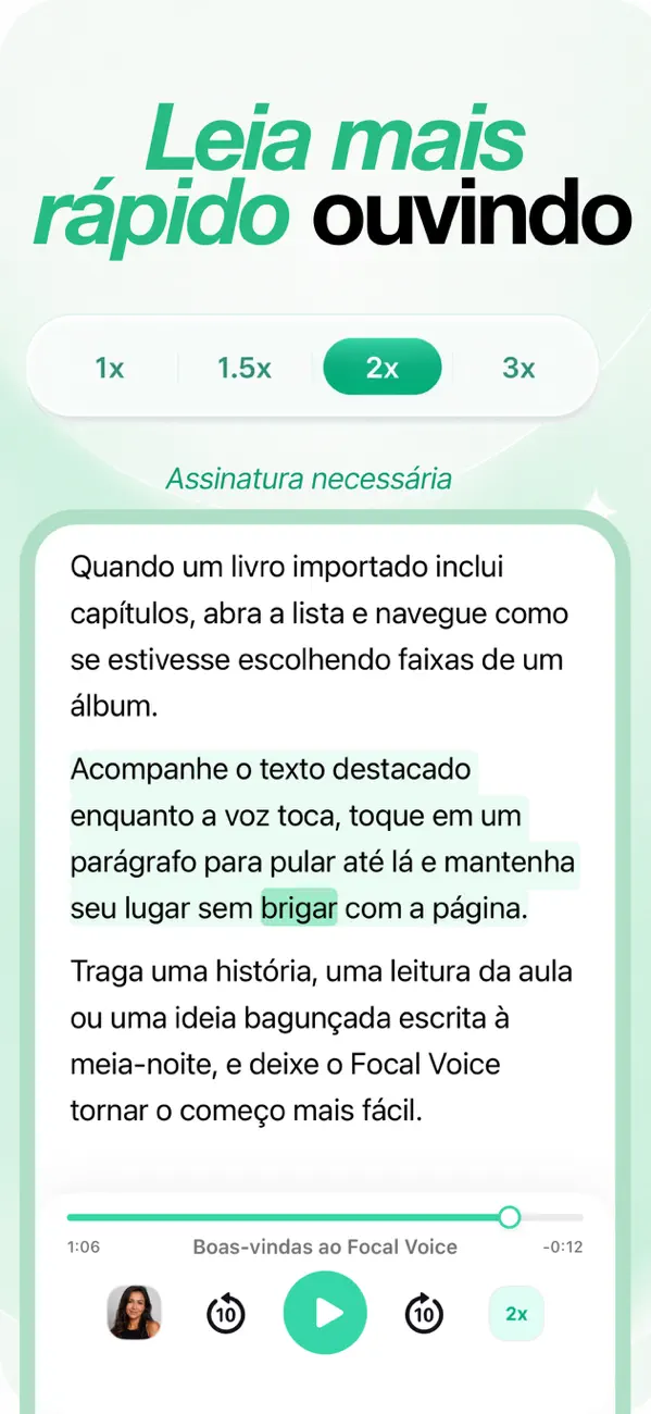 Seletor de velocidade de reprodução com opções de 1x, 1.5x, 2x e 3x