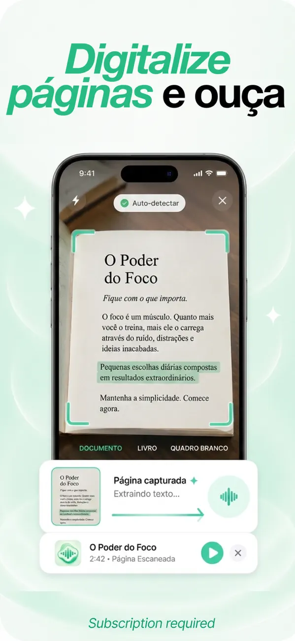 Câmera escaneando uma página impressa de livro, extraindo o texto e lendo em voz alta