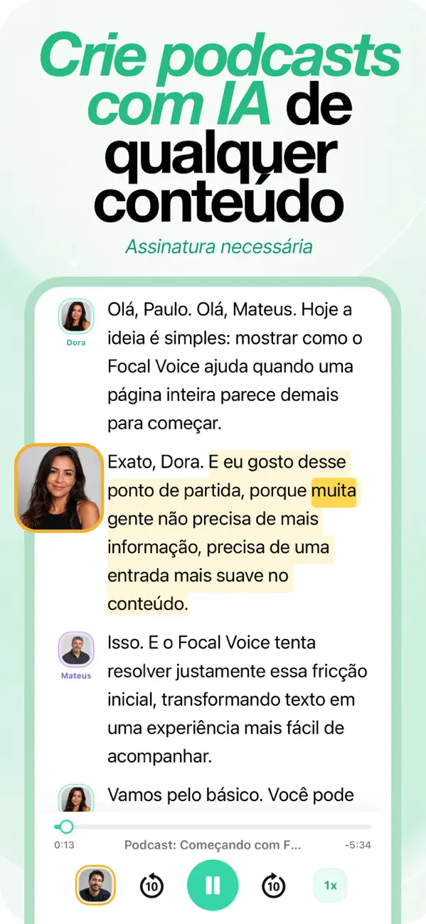 Modo podcast com IA gerando uma conversa entre dois apresentadores a partir do conteúdo importado
