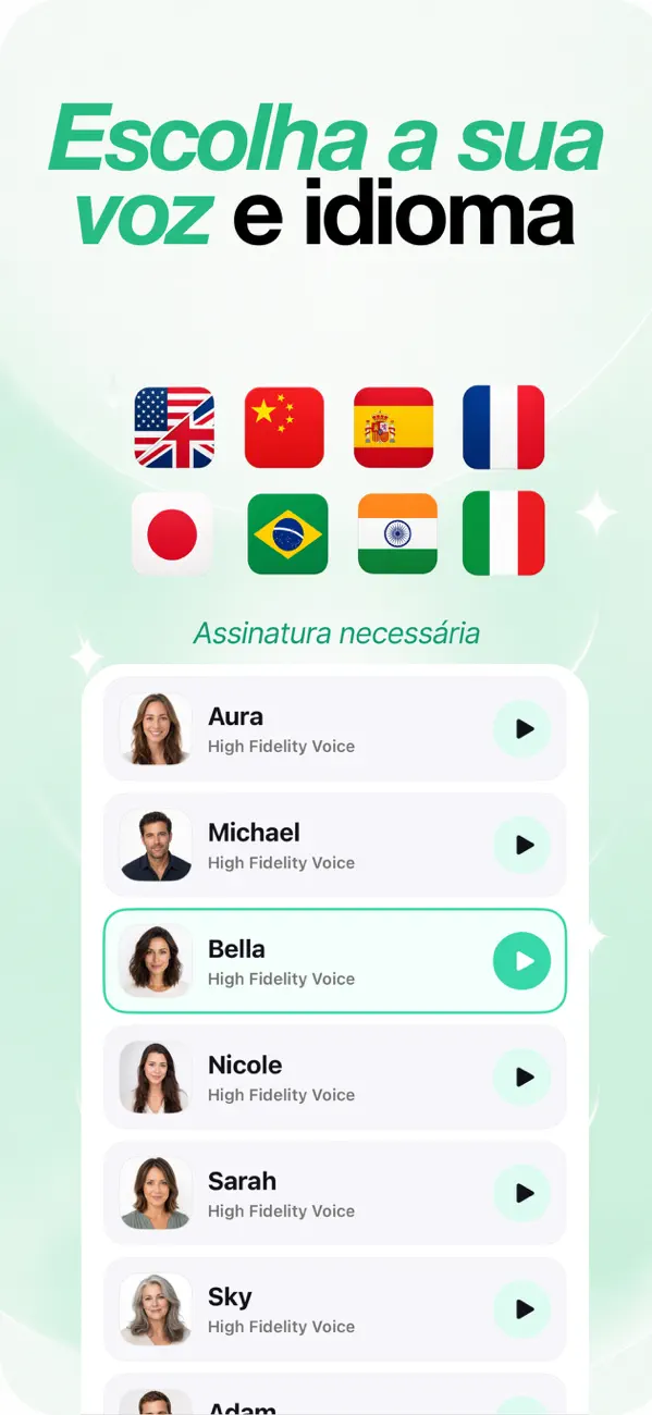 Seletor de vozes de alta fidelidade com 8 idiomas disponíveis