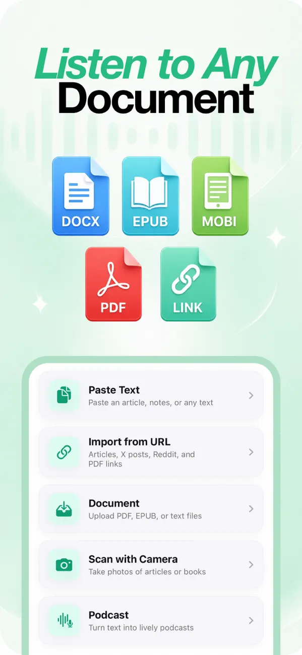 Import menu showing PDF, EPUB, MOBI, DOCX, links, paste text, camera scan, and podcast options