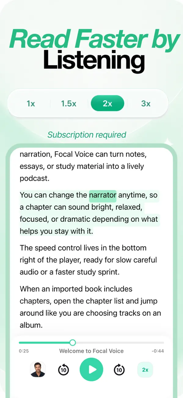 Playback speed selector with 1x, 1.5x, 2x, and 3x options for listening faster