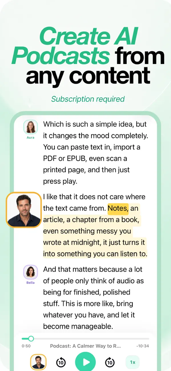 AI podcast mode generating a two-host conversation from imported content