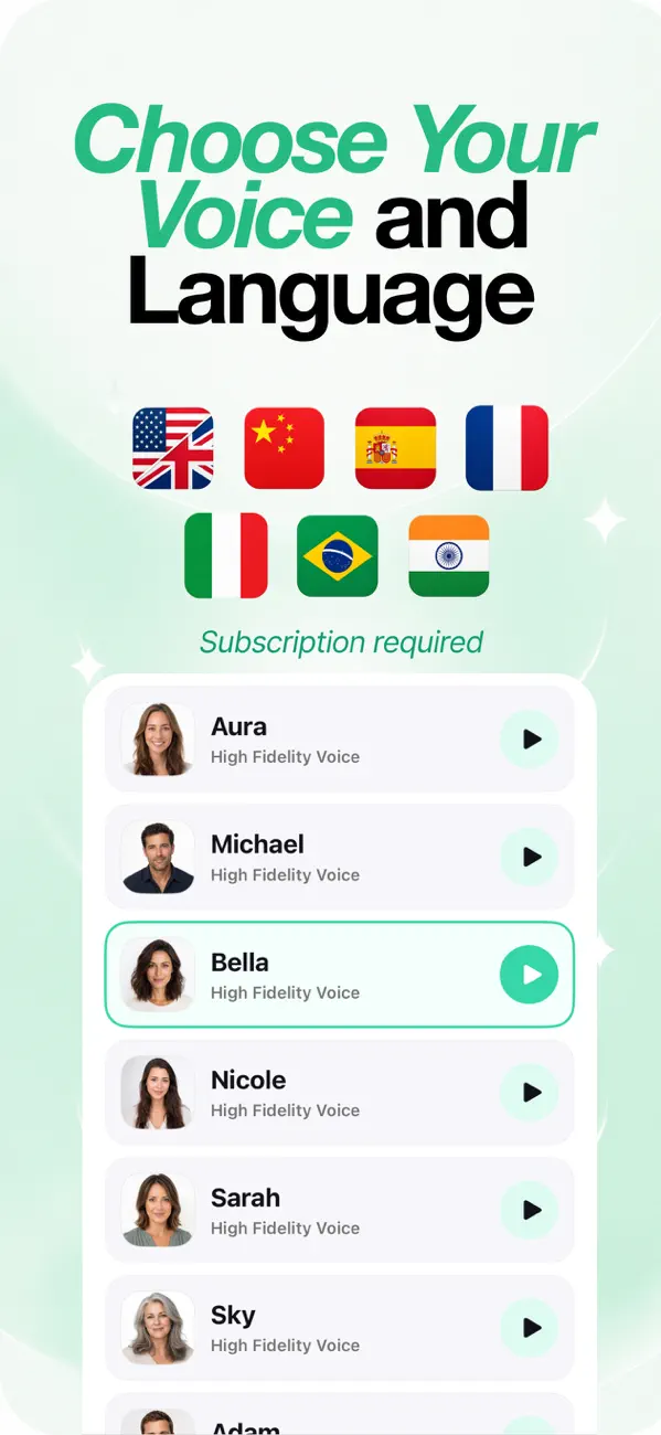 Voice picker with high-fidelity voices and 8 language options